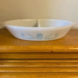 Vintage Glassbake Bkue Thistle Milk Glass Divided Casserole Dish